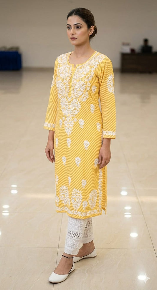 Pure Cotton Hand Embroidered Leheriya Print Chikankari Kurti (Optional Matching Lace Pants)