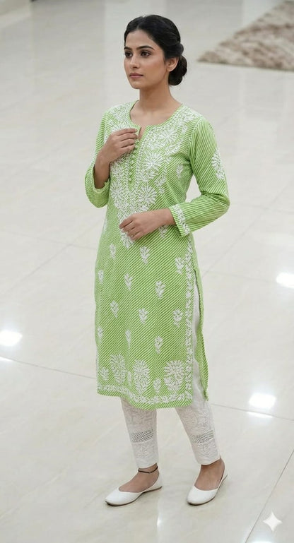Pure Cotton Hand Embroidered Leheriya Print Chikankari Kurti (Optional Matching Lace Pants)