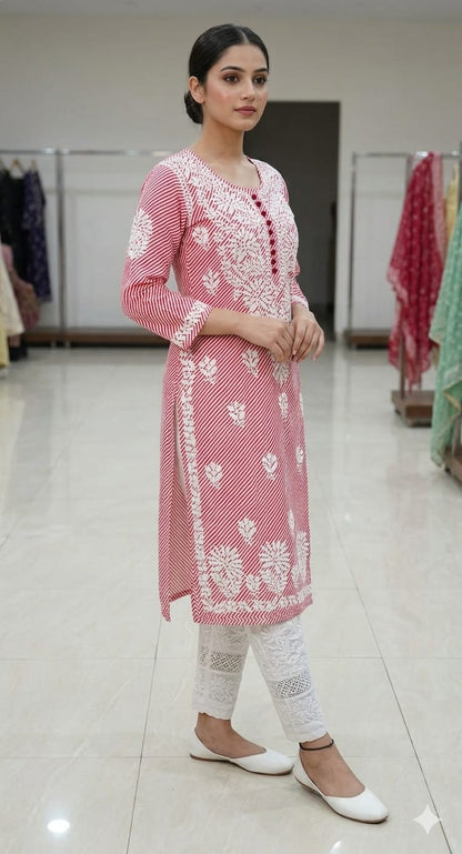 Pure Cotton Hand Embroidered Leheriya Print Chikankari Kurti (Optional Matching Lace Pants)