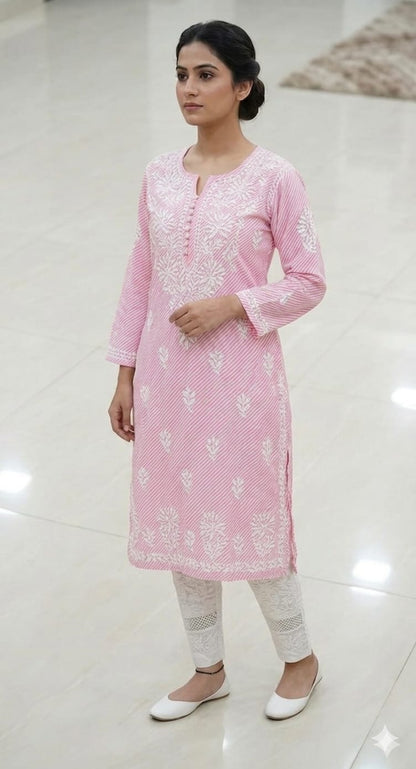 Pure Cotton Hand Embroidered Leheriya Print Chikankari Kurti (Optional Matching Lace Pants)