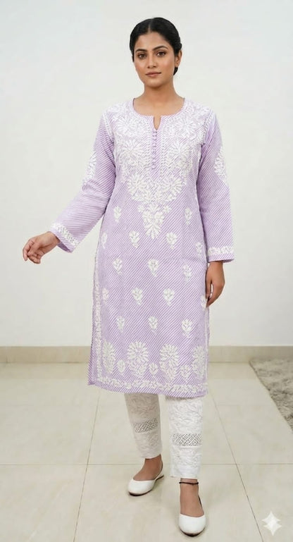 Pure Cotton Hand Embroidered Leheriya Print Chikankari Kurti (Optional Matching Lace Pants)