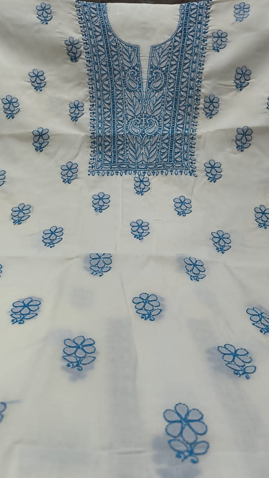 Premium Pure Cotton Hand-Embroidered Unstitched Suit Set with Chiffon Dupatta