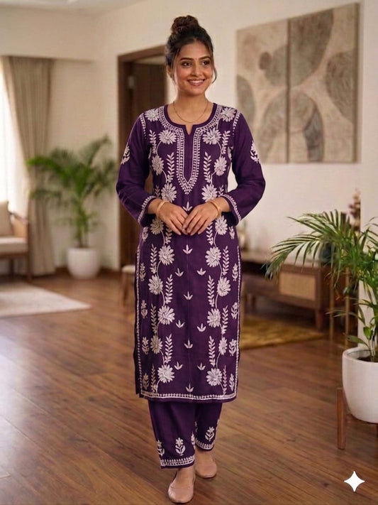 Hand-Embroidered Chanderi Kurti & Palazzo Set with 3D Embroidery Work