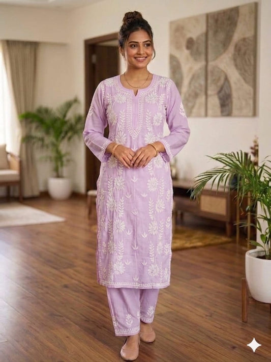 Hand-Embroidered Chanderi Kurti & Palazzo Set with 3D Embroidery Work