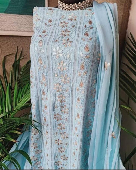 Viscose Pure Georgette Chikankari Unstitched Kurta & Dupatta Set with Handcrafted Gotta Patti Work