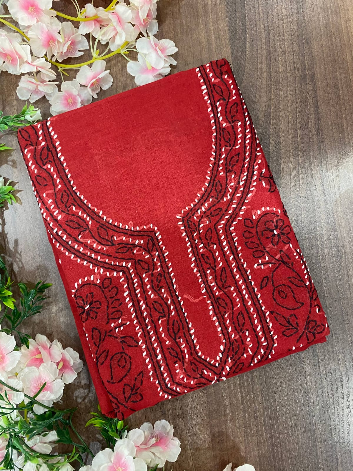 Pure Cotton Unstitched Kashmiri Gala Suit Set with Cotton Dupatta