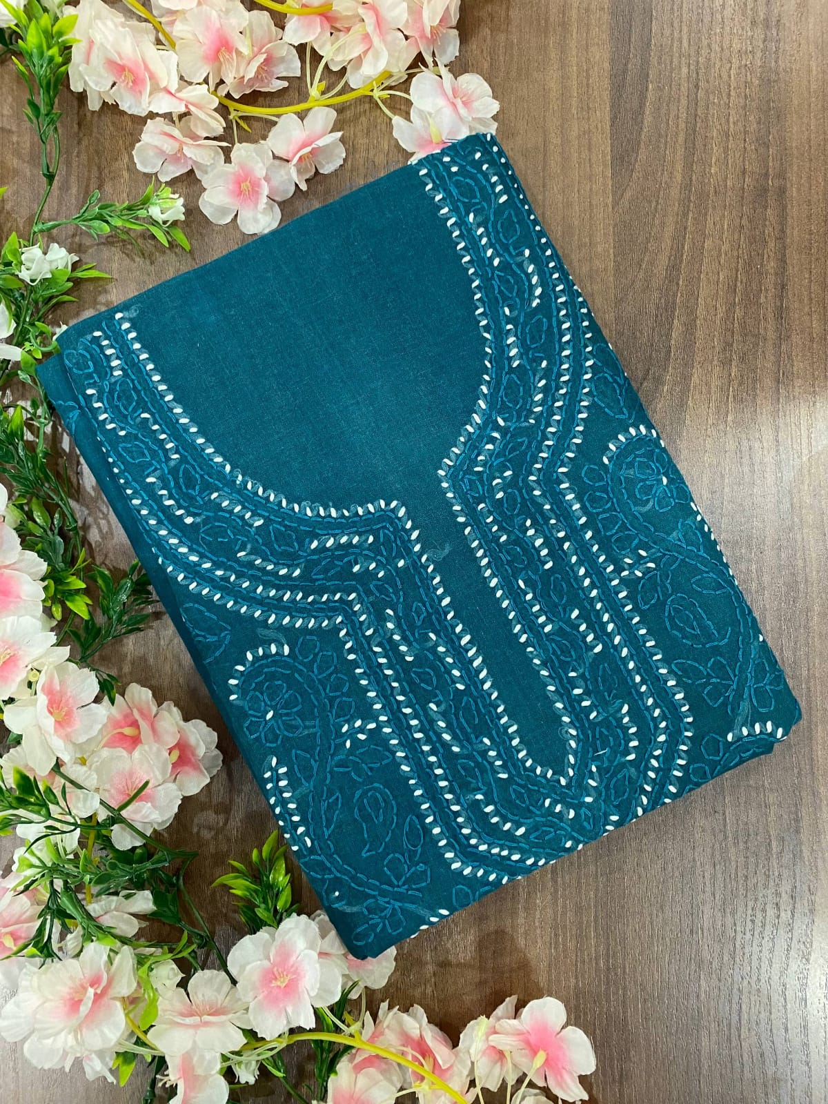 Pure Cotton Unstitched Kashmiri Gala Suit Set with Cotton Dupatta