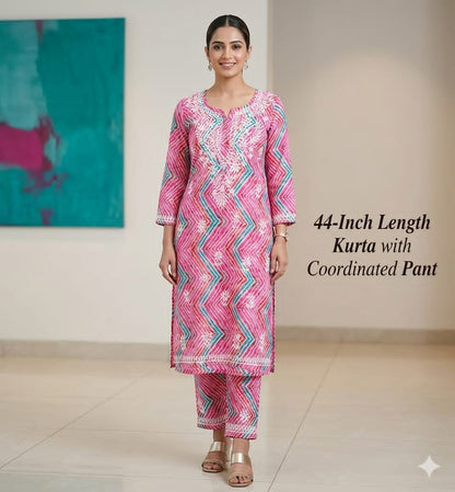 Premium Mul Mul Cotton Zig-Zag Print Embroidered Kurta & Pant Set