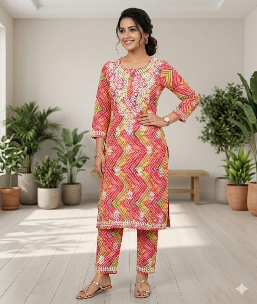 Premium Mul Mul Cotton Zig-Zag Print Embroidered Kurta & Pant Set