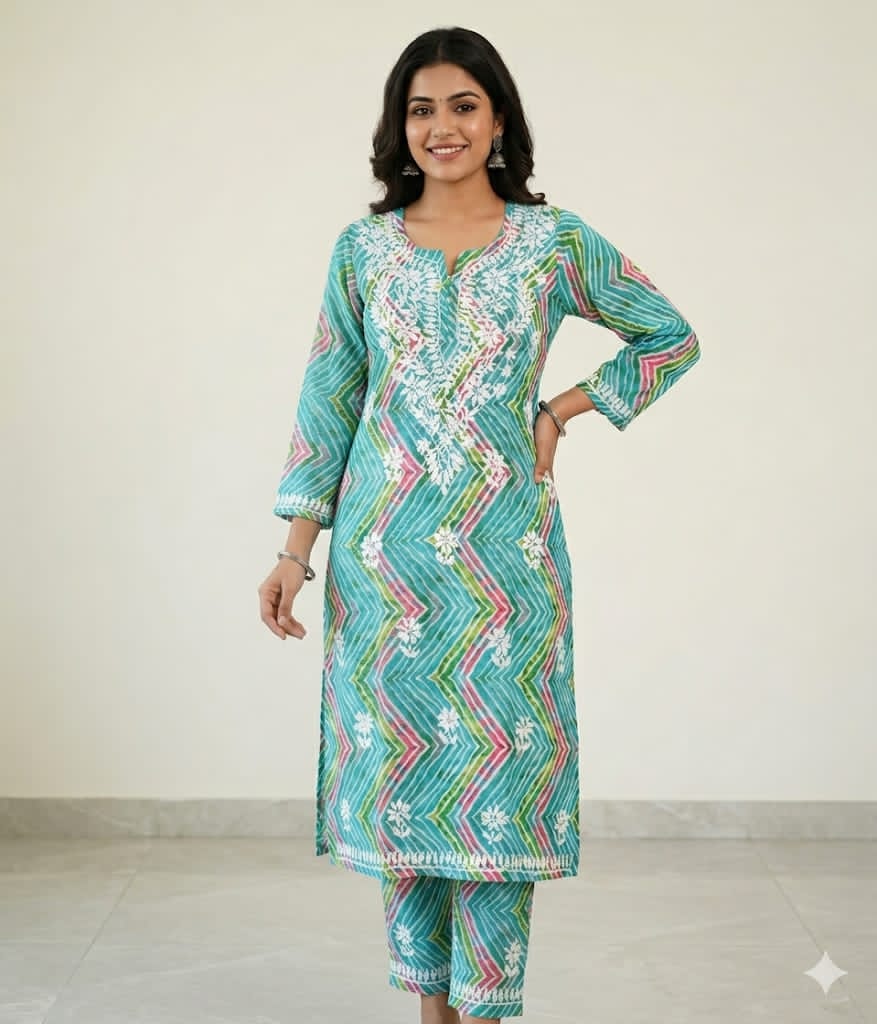 Premium Mul Mul Cotton Zig-Zag Print Embroidered Kurta & Pant Set