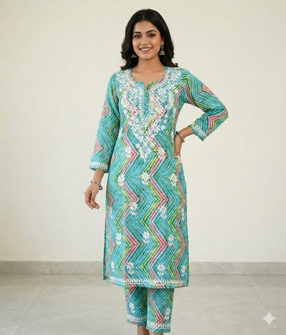 Premium Mul Mul Cotton Zig-Zag Print Embroidered Kurta & Pant Set