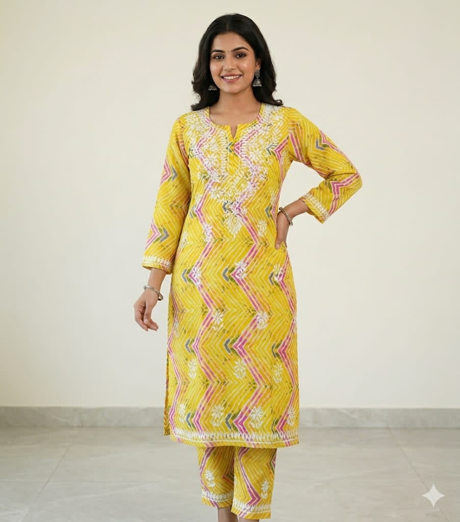Premium Mul Mul Cotton Zig-Zag Print Embroidered Kurta & Pant Set