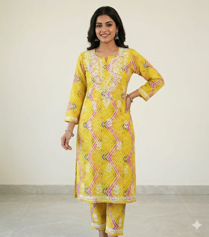 Premium Mul Mul Cotton Zig-Zag Print Embroidered Kurta & Pant Set