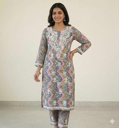 Premium Mul Mul Cotton Zig-Zag Print Embroidered Kurta & Pant Set