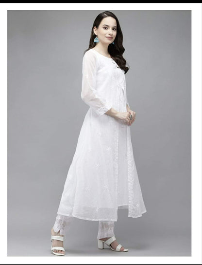 Premium Noor Jahan Fine Kota Doria Chikankari Kurti with Front Dori & Matching Pants Set