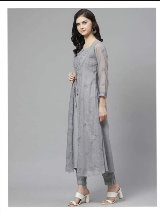 Premium Noor Jahan Fine Kota Doria Chikankari Kurti with Front Dori & Matching Pants Set