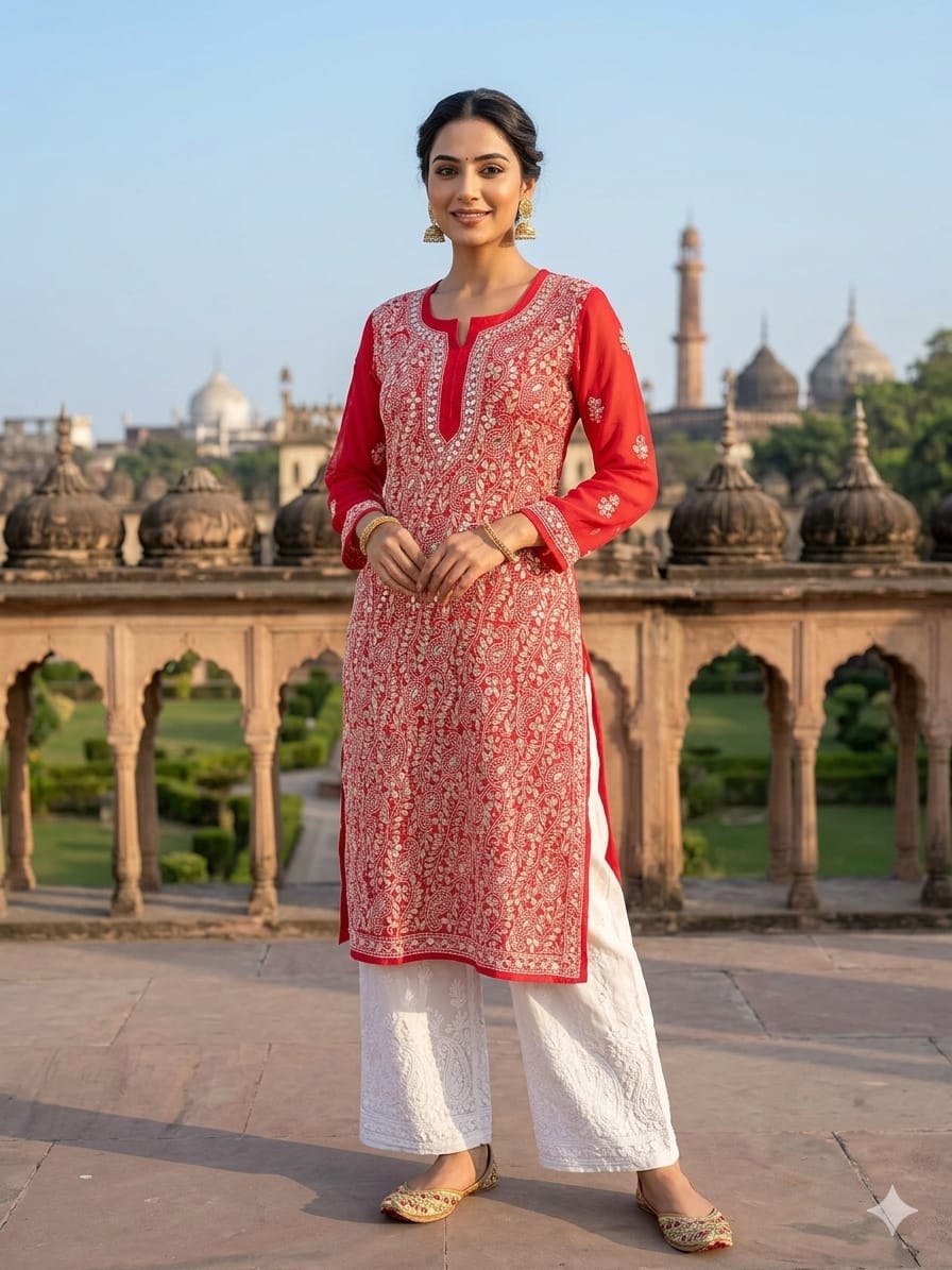 Faux Georgette All-Over Jaal Chikankari Kurti with Heavy Gota Patti Work