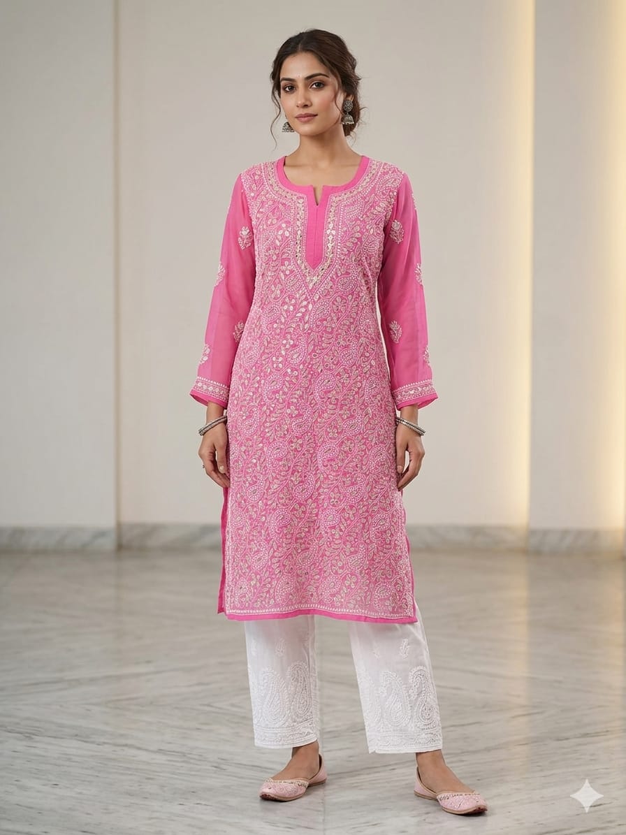 Faux Georgette All-Over Jaal Chikankari Kurti with Heavy Gota Patti Work