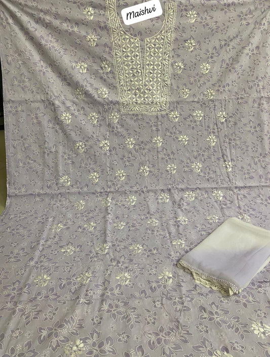 Exclusive Self-Design Hand Embroidered Lucknowi Chikankari Unstitched Suit Piece with Ombre Chiffon Dupatta