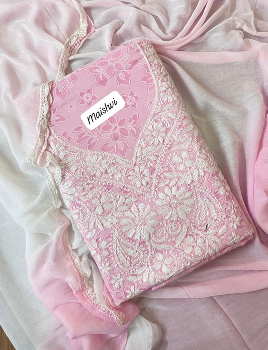 Exclusive Self-Design Hand Embroidered Lucknowi Chikankari Unstitched Suit Piece with Ombre Chiffon Dupatta