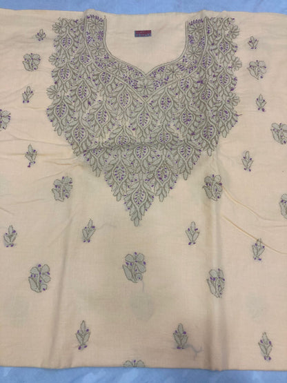 Soft Cotton Gala Booti Hand Embroidered Lucknowi Chikankari Unstitched Suit Piece with Chiffon Dupatta