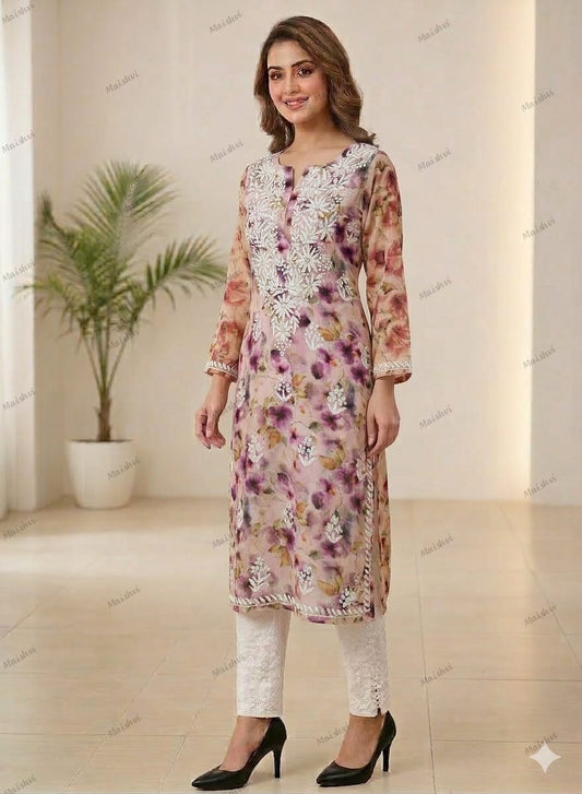 Soft Rayon Digital Print Straight Kurti with Fine Lucknowi Chikankari Work