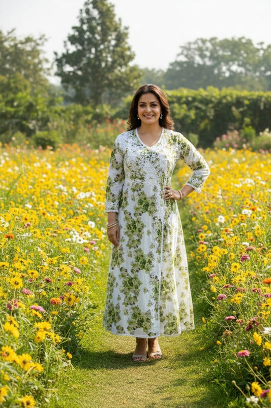 Printed Mulmul Cotton Fine Hand-Embroidered Lucknowi Chikankari Angarakha Kurti