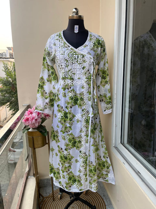 Printed Mulmul Cotton Fine Hand-Embroidered Lucknowi Chikankari Angarakha Kurti