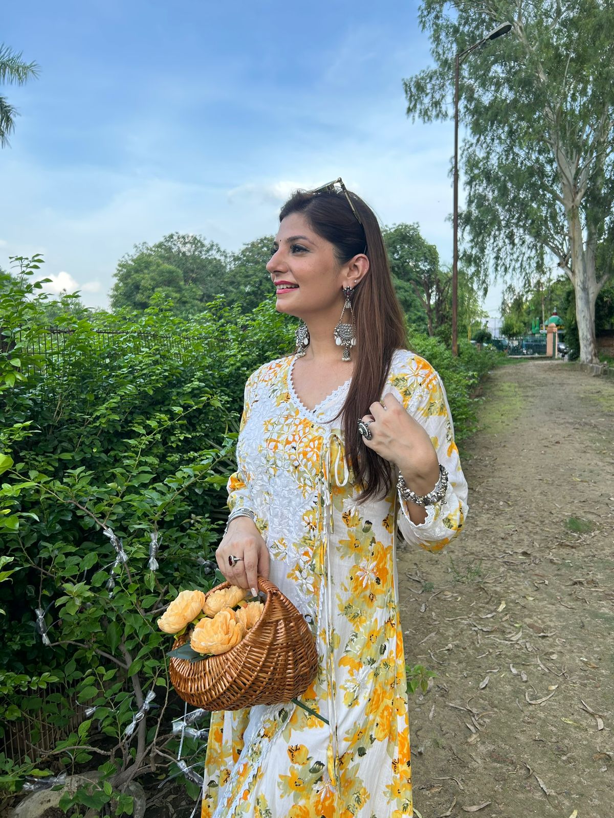 Printed Mulmul Cotton Fine Hand-Embroidered Lucknowi Chikankari Angarakha Kurti