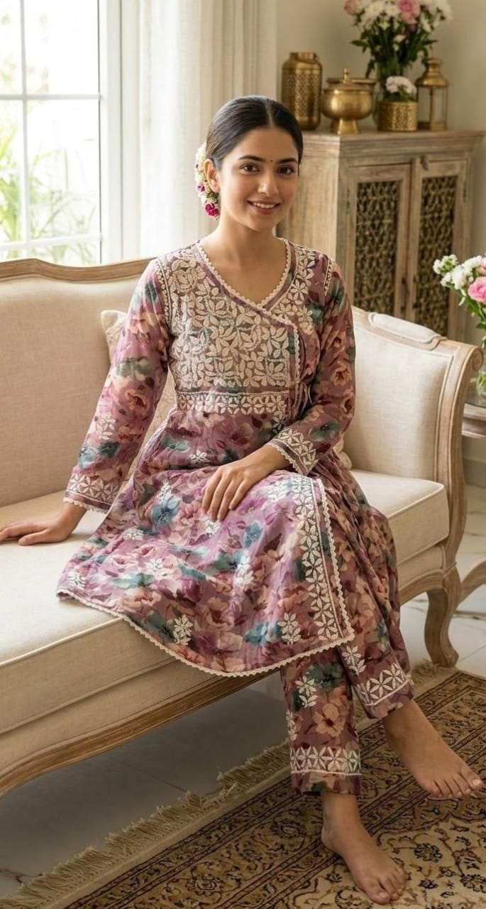 Printed Mulmul Cotton Chikankari Angarakha Kurti with Matching Pant Set