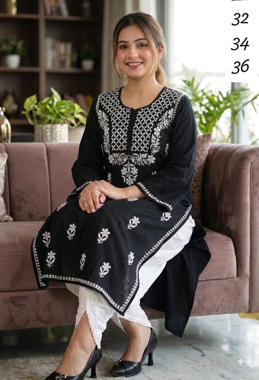 Pure Cotton Hand-Embroidered Chikankari Kurti with Optional White Dhoti Salwar