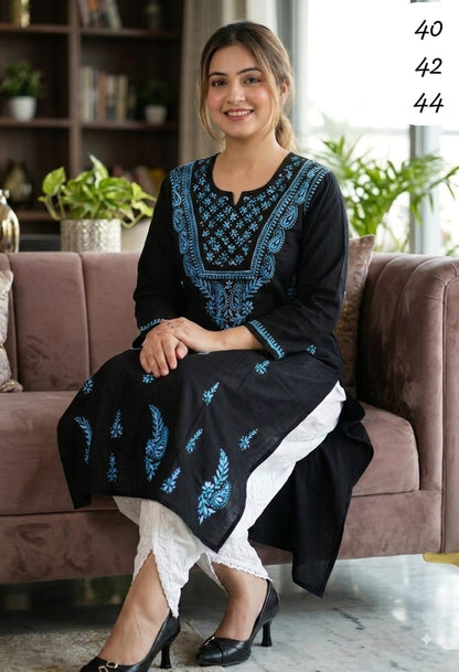 Pure Cotton Hand-Embroidered Chikankari Kurti with Optional White Dhoti Salwar