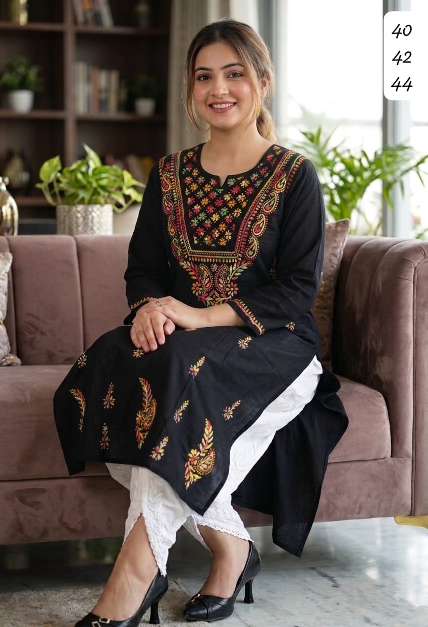 Pure Cotton Hand-Embroidered Chikankari Kurti with Optional White Dhoti Salwar