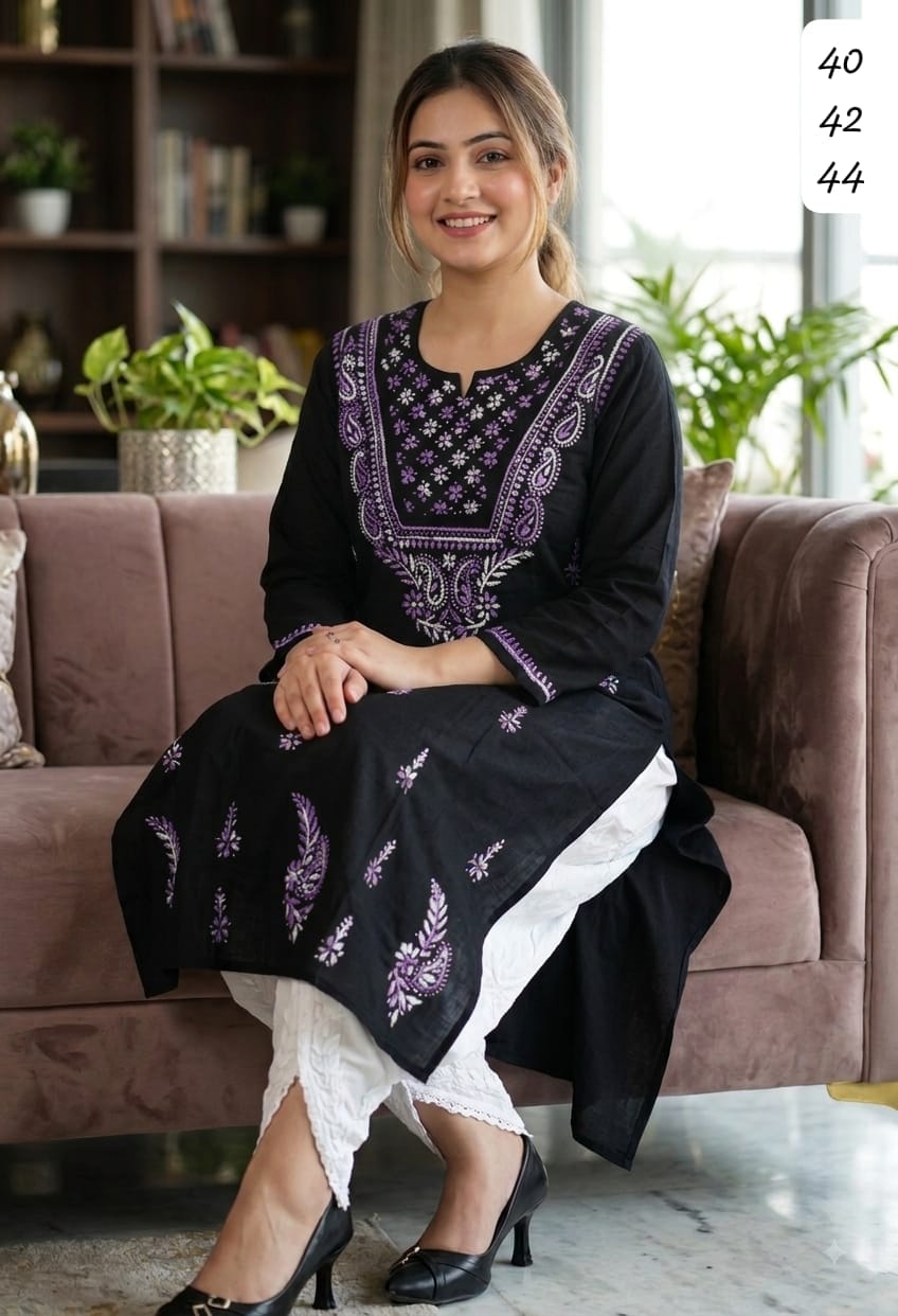 Pure Cotton Hand-Embroidered Chikankari Kurti with Optional White Dhoti Salwar