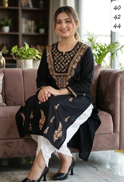 Pure Cotton Hand-Embroidered Chikankari Kurti with Optional White Dhoti Salwar