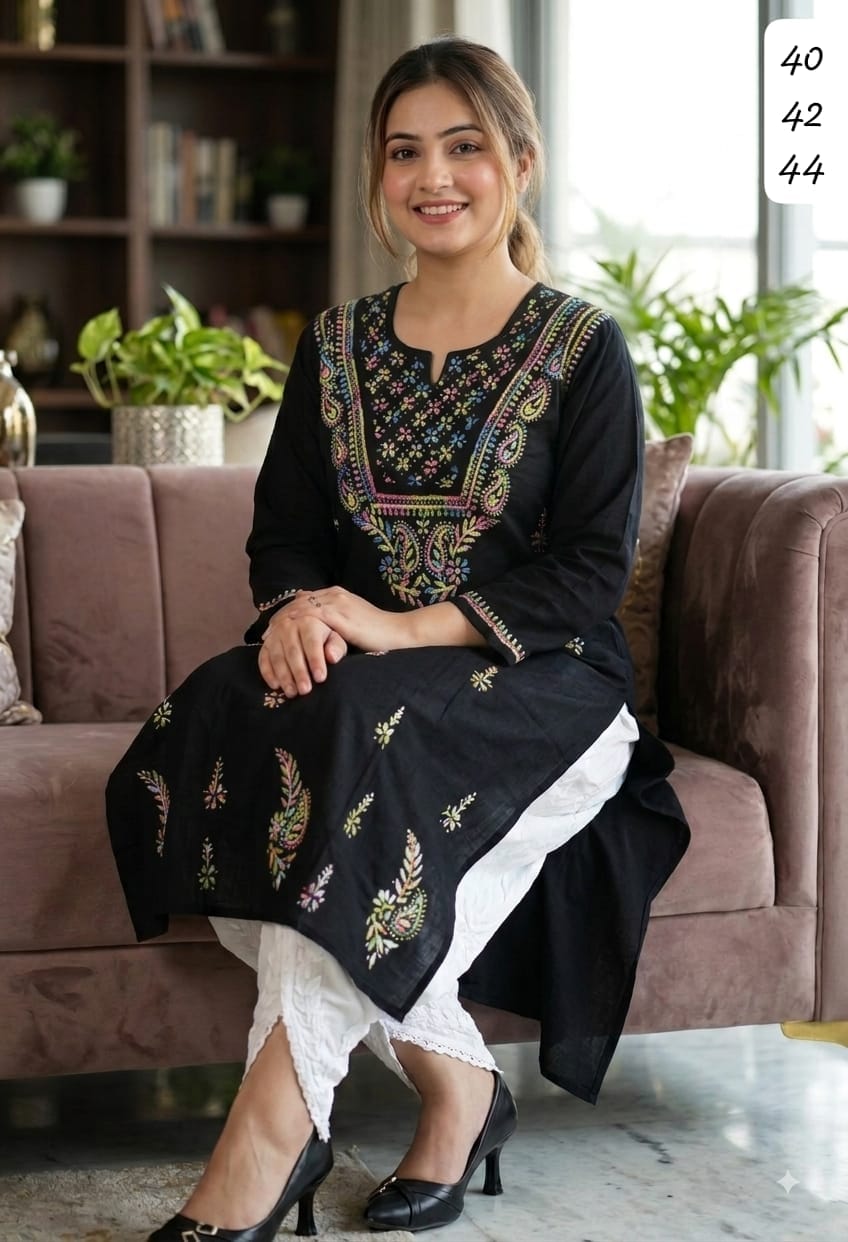Pure Cotton Hand-Embroidered Chikankari Kurti with Optional White Dhoti Salwar