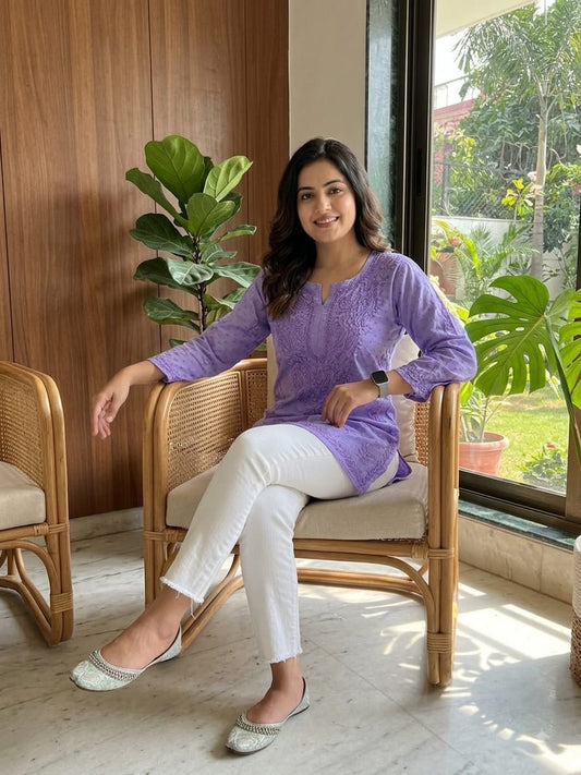 Premium Dobby Cotton Hand-Embroidered Chikankari Short Top
