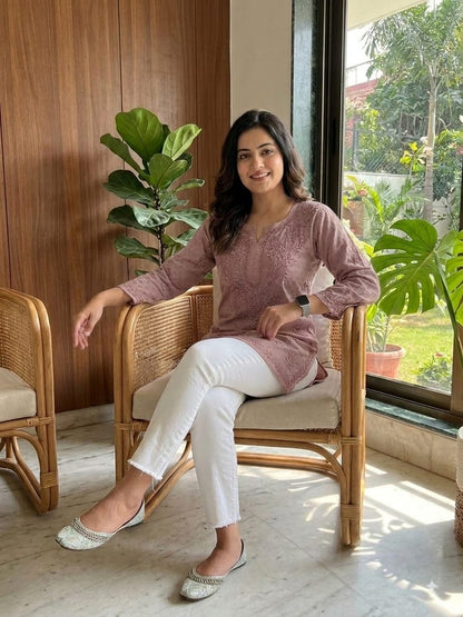 Premium Dobby Cotton Hand-Embroidered Chikankari Short Top