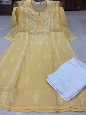 Pure Cotton Hand-Embroidered Chikankari Kurti Set with Pants & Slip