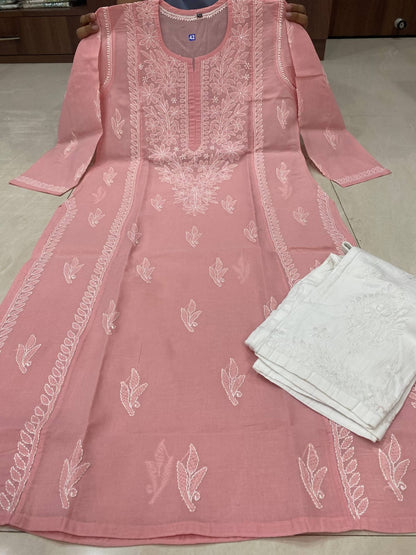 Pure Cotton Hand-Embroidered Chikankari Kurti Set with Pants & Slip