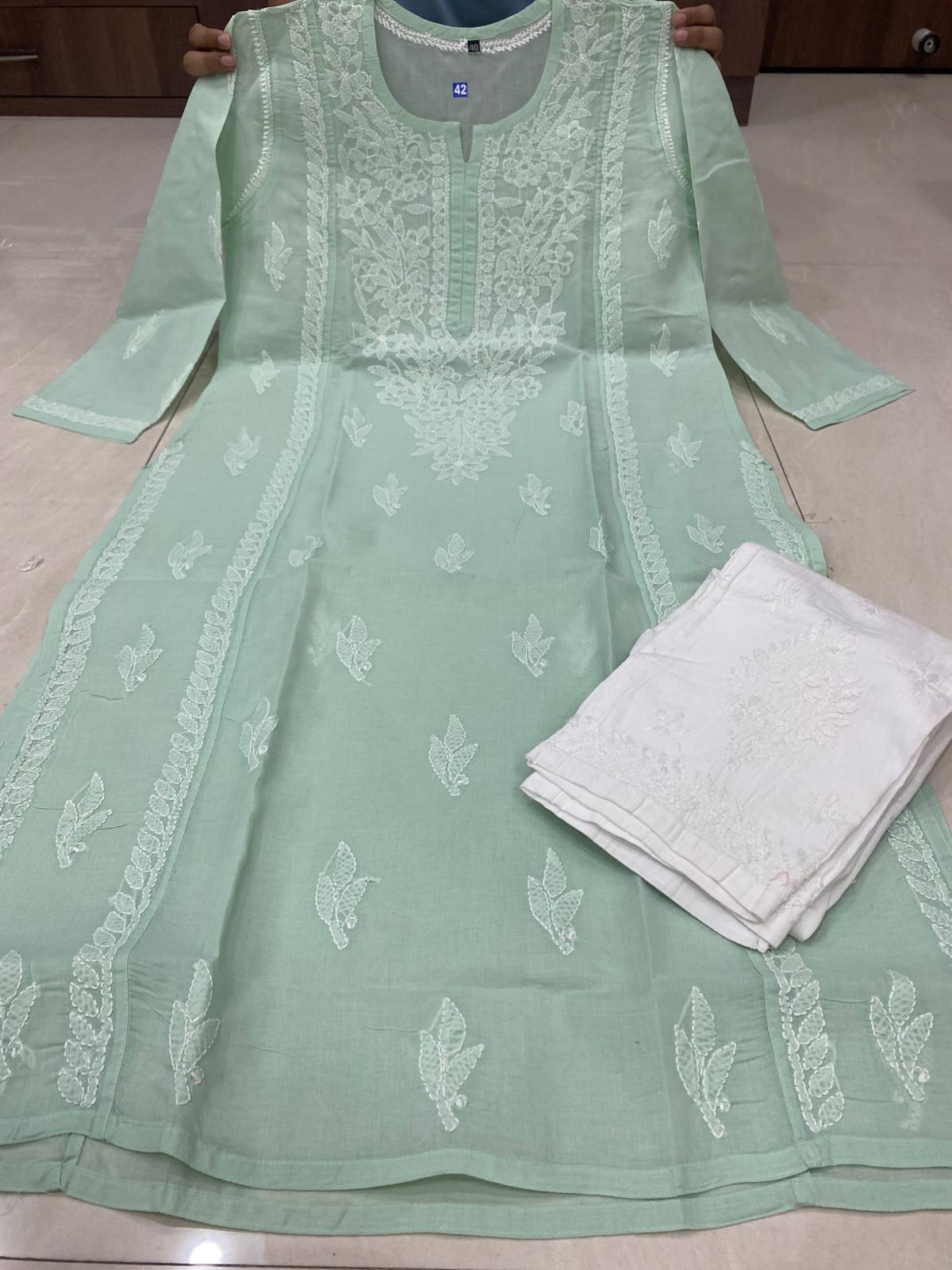 Pure Cotton Hand-Embroidered Chikankari Kurti Set with Pants & Slip