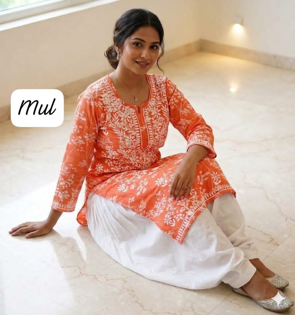 Mul Cotton Spray Print Chikankari Kurti with Embroidered Afghani Salwar