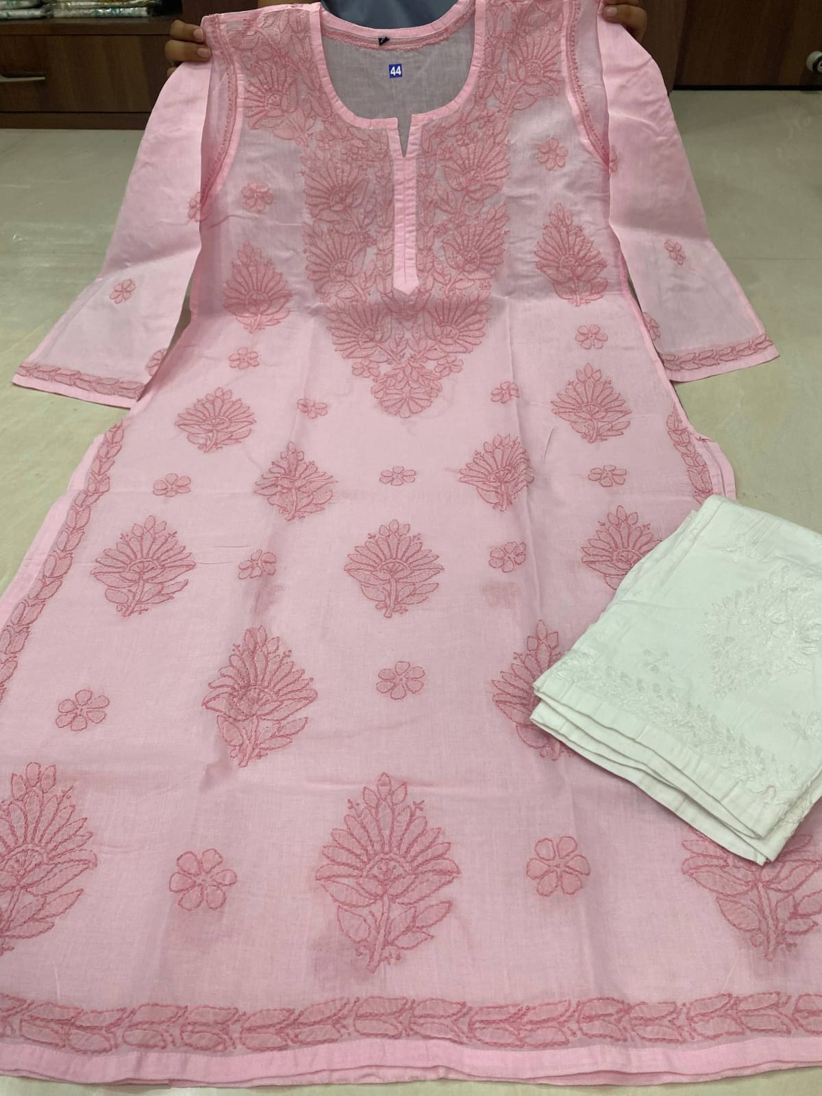 Pure Cotton Hand-Embroidered Chikankari Kurti Set with Pant & Slip