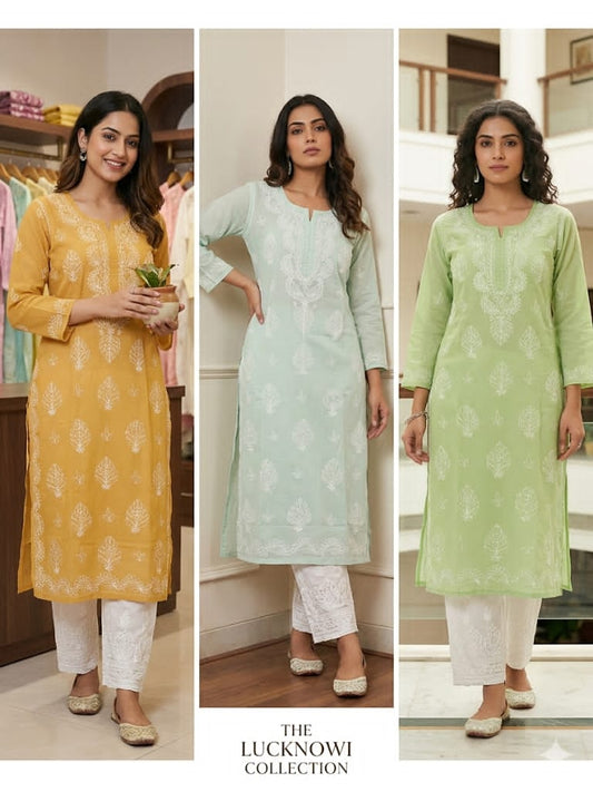 Pure Cotton White Hand-Embroidered Chikankari Kurti Set with Pants & Slip