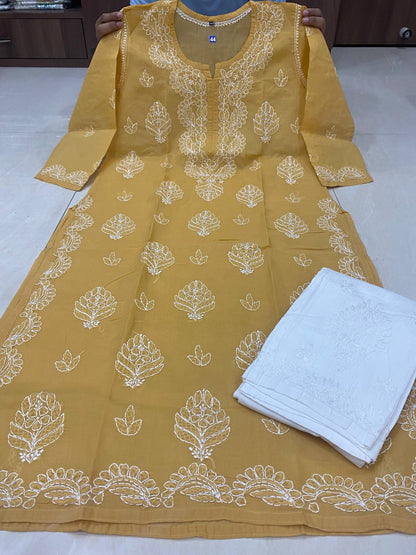 Pure Cotton White Hand-Embroidered Chikankari Kurti Set with Pants & Slip