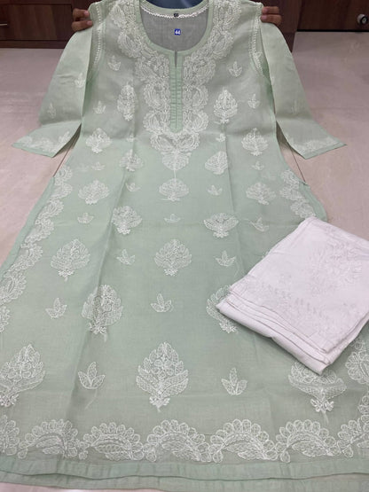 Pure Cotton White Hand-Embroidered Chikankari Kurti Set with Pants & Slip