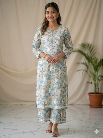Pure Mul Cotton Floral Printed Chikankari Kurti & Palazzo Set with 3D Handwork