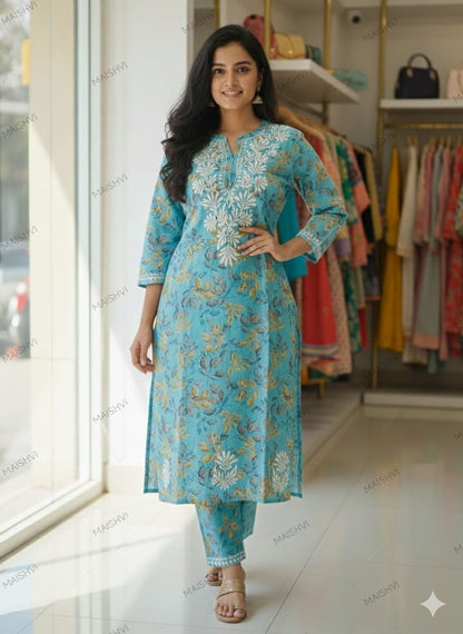 Pure Mulmul Cotton Floral Printed Hand-Embroidered Kurti & Palazzo Set