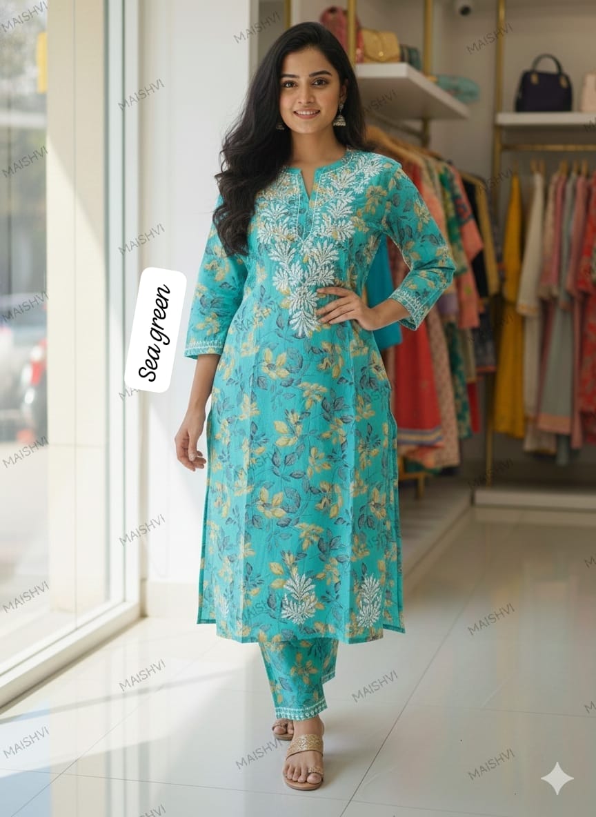 Pure Mulmul Cotton Floral Printed Hand-Embroidered Kurti & Palazzo Set