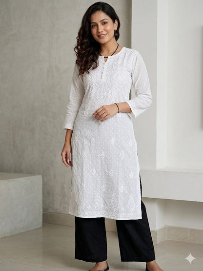 Pure White Dobby Cotton Hand-Embroidered Lucknowi Chikankari Kurti
